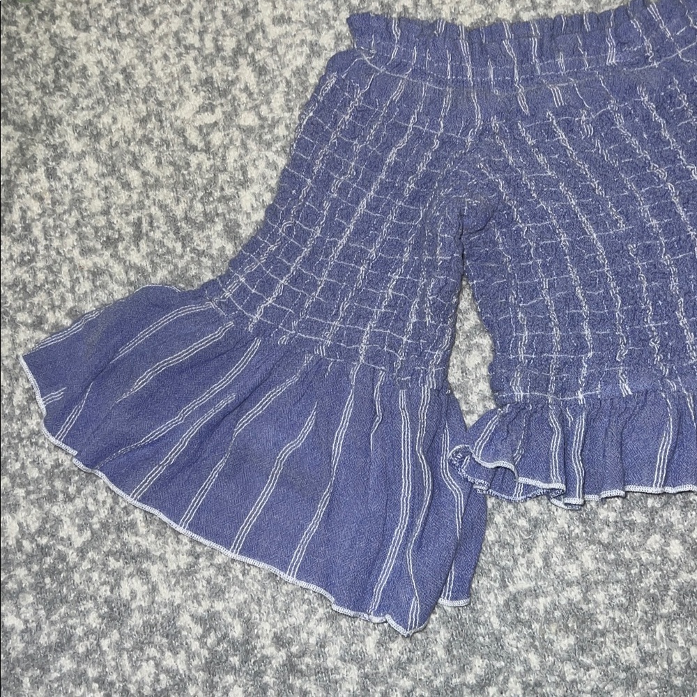 Free People Smock Around Striped Cropped Blouse Top Blue Bell Sleeves Medium - Picture 3 of 7